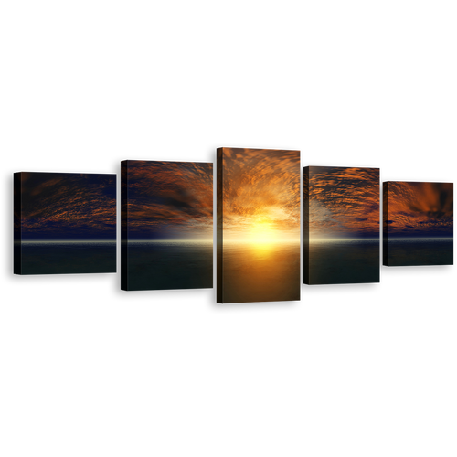 Dramatic Sky Canvas Wall Art, Orange Clouds Seascape 5 Piece Canvas Print, Yellow Sunset Ocean Sky Multi Panel Canvas