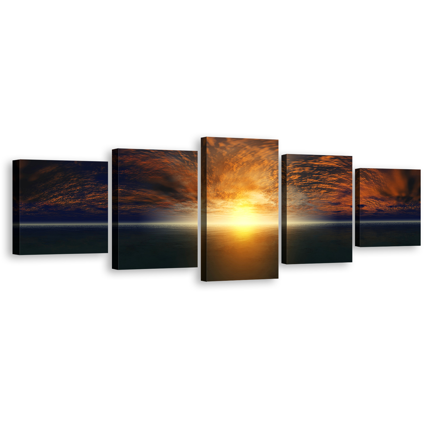 Dramatic Sky Canvas Wall Art, Orange Clouds Seascape 5 Piece Canvas Print, Yellow Sunset Ocean Sky Multi Panel Canvas