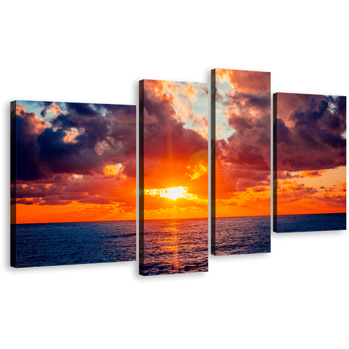 Dramatic Sky Canvas Wall Art, Orange Sunset Ocean 4 Piece Canvas Print, Russia Sochi Blue Ocean Sea Multiple Canvas