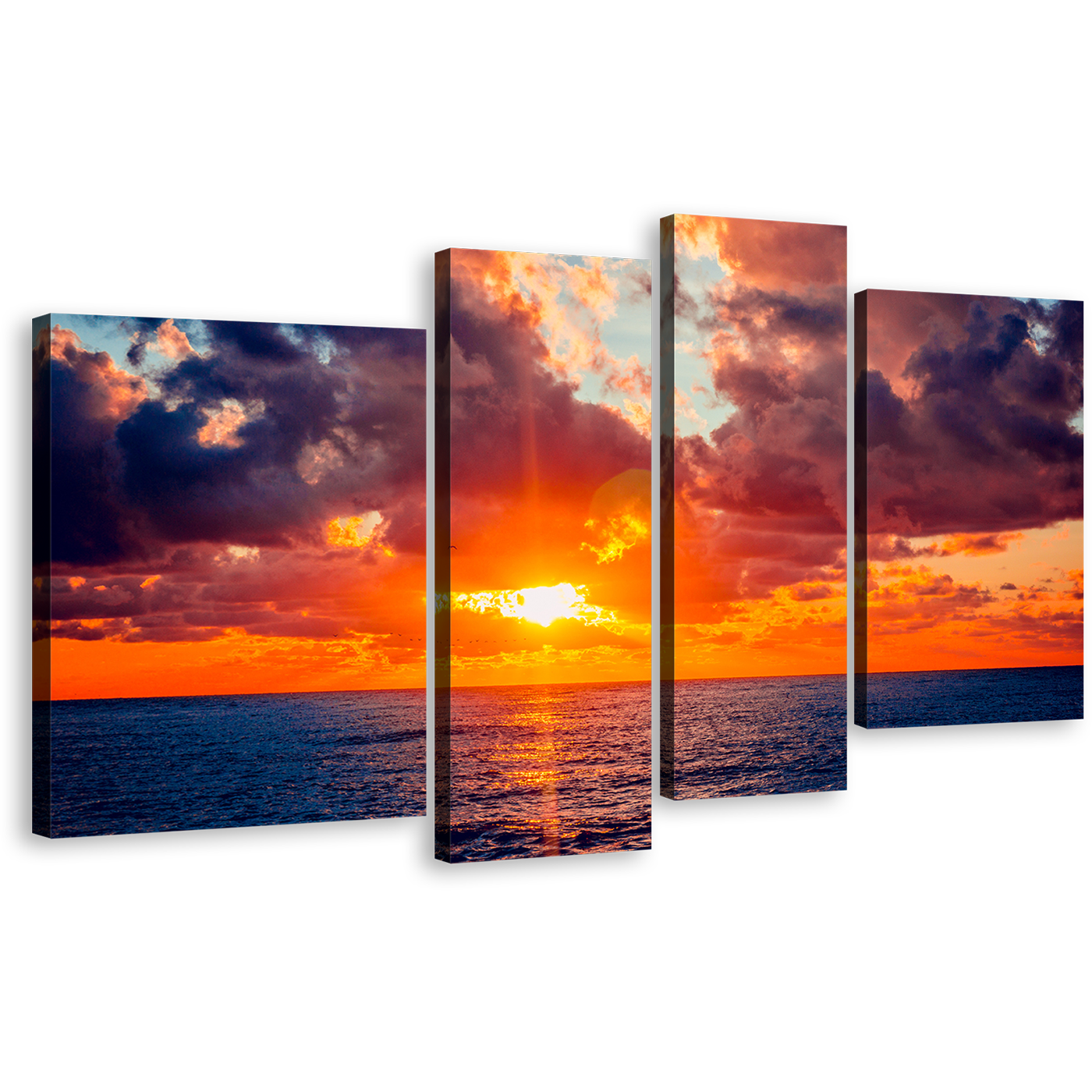 Dramatic Sky Canvas Wall Art, Orange Sunset Ocean 4 Piece Canvas Print, Russia Sochi Blue Ocean Sea Multiple Canvas