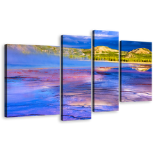 Load image into Gallery viewer, Dramatic Sky Canvas Wall Art, Purple Blue Grand Prismatic Spring Multi Canvas, Green Trees Yellowstone National Park 4 Piece Canvas Print
