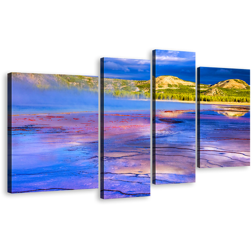 Dramatic Sky Canvas Wall Art, Purple Blue Grand Prismatic Spring Multi Canvas, Green Trees Yellowstone National Park 4 Piece Canvas Print