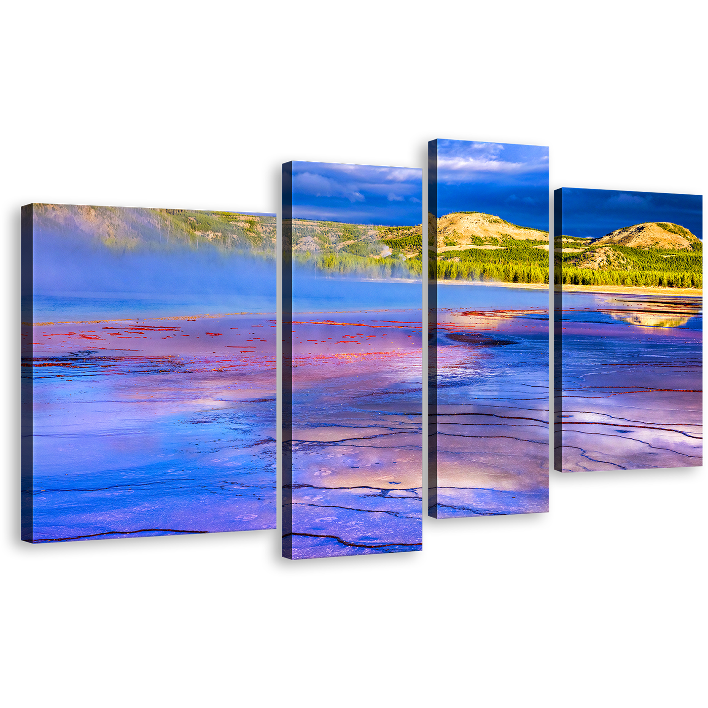 Dramatic Sky Canvas Wall Art, Purple Blue Grand Prismatic Spring Multi Canvas, Green Trees Yellowstone National Park 4 Piece Canvas Print