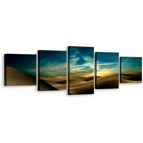 Dramatic Sky Canvas Wall Art, Sahara Dunes Multi Canvas, Blue Mountain Desert Canvas Set, Brown Sand Deserts 5 Piece Canvas Print