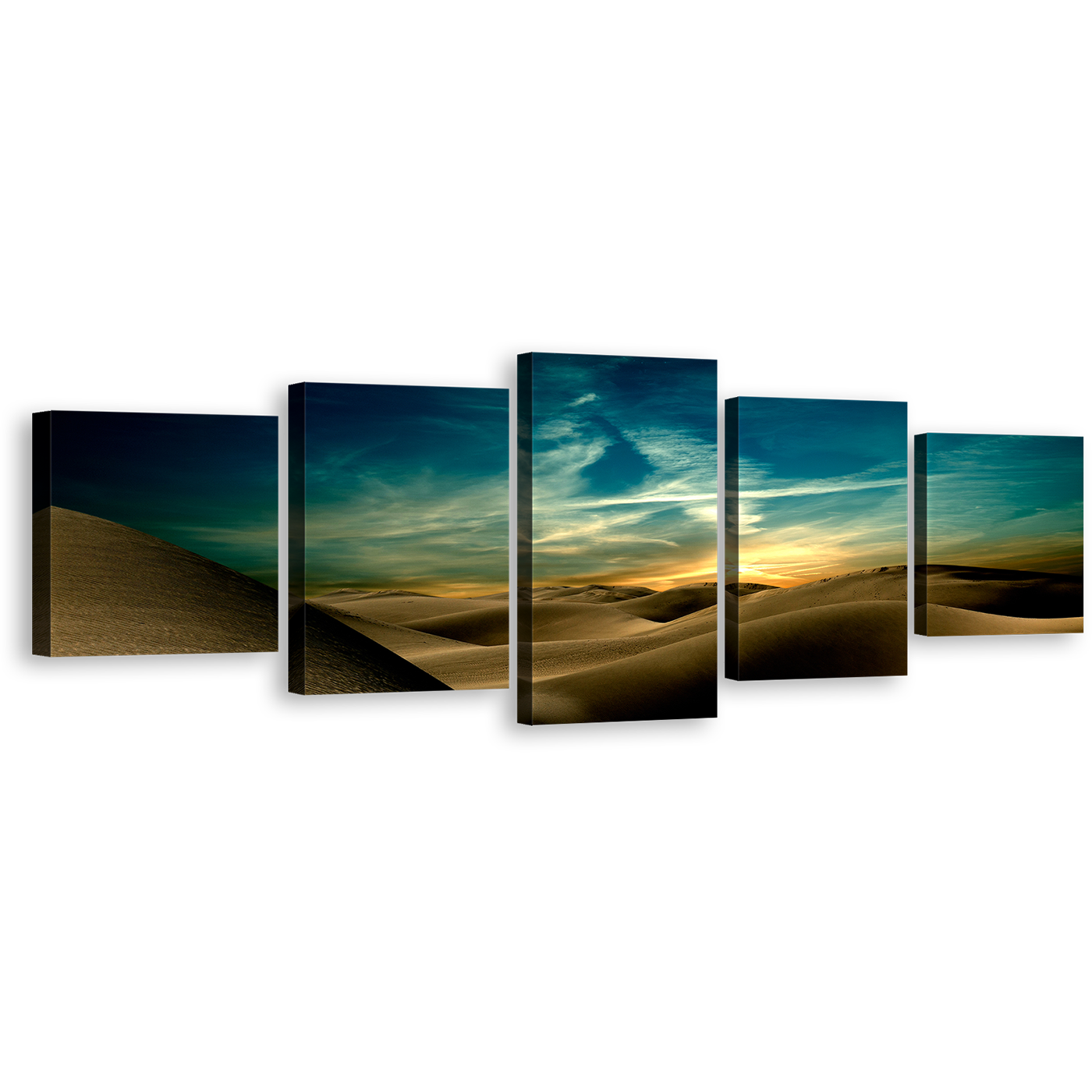 Dramatic Sky Canvas Wall Art, Sahara Dunes Multi Canvas, Blue Mountain Desert Canvas Set, Brown Sand Deserts 5 Piece Canvas Print