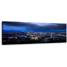 Load image into Gallery viewer, Dramatic Sky Wall Art, Blue Cloudy Sky City Skyline 1 Piece Canvas Artwork, Yellow City Lights Canvas Print
