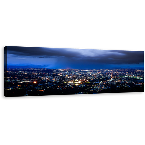 Dramatic Sky Wall Art, Blue Cloudy Sky City Skyline 1 Piece Canvas Artwork, Yellow City Lights Canvas Print