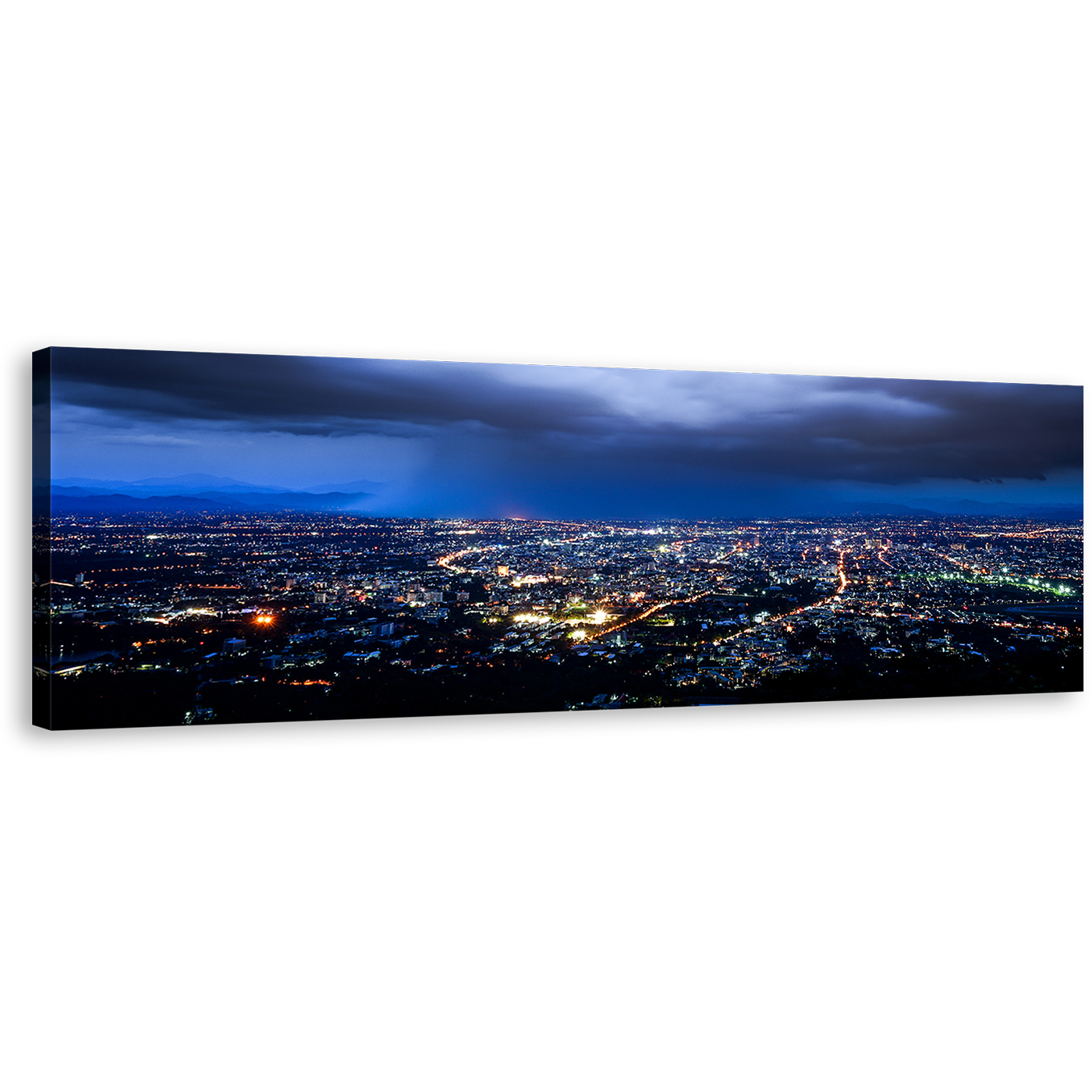 Dramatic Sky Wall Art, Blue Cloudy Sky City Skyline 1 Piece Canvas Artwork, Yellow City Lights Canvas Print