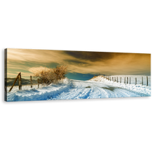 Load image into Gallery viewer, Dramatic Sky Wall Art, White Snow Covered Road Canvas Art, Brown Winter Trees Scenery Panoramic Canvas Print
