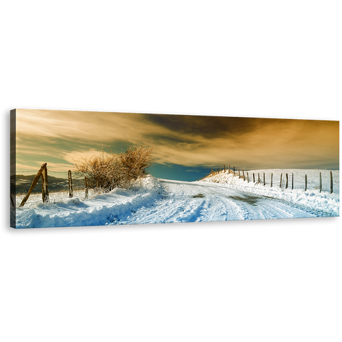 Dramatic Sky Wall Art, White Snow Covered Road Canvas Art, Brown Winter Trees Scenery Panoramic Canvas Print