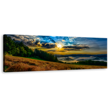 Load image into Gallery viewer, Dramatic Sunrise Canvas Print, Yellow Sky Landscape Valley 1 Piece Canvas Wall Art, Blue Clouds Landscape Scenery Wide Canvas
