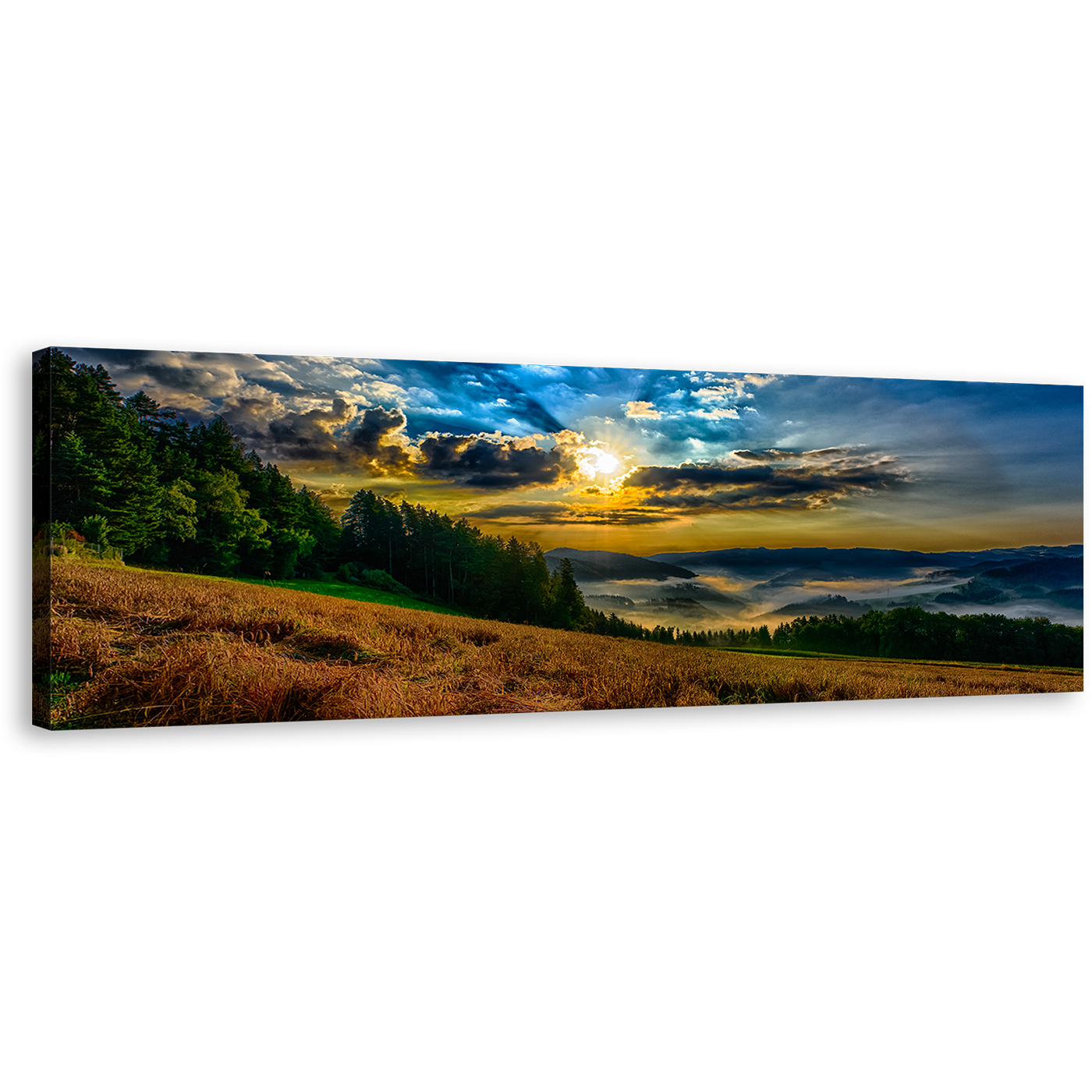 Dramatic Sunrise Canvas Print, Yellow Sky Landscape Valley 1 Piece Canvas Wall Art, Blue Clouds Landscape Scenery Wide Canvas