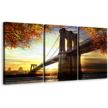 Load image into Gallery viewer, Dramatic Sunset Canvas Print, Beautiful Brown Brooklyn Bridge 3 Piece Canvas, Yellow New York City Sky Triptych Canvas Wall Art
