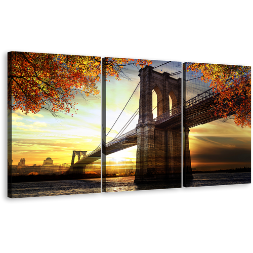 Dramatic Sunset Canvas Print, Beautiful Brown Brooklyn Bridge 3 Piece Canvas, Yellow New York City Sky Triptych Canvas Wall Art