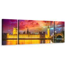 Load image into Gallery viewer, Dramatic Sunset Canvas Print, Beautiful Yellow London Bridge Canvas Wall Art, Purple Sunset Westminster City 3 Piece Multi Canvas Artwork
