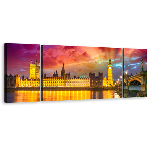 Dramatic Sunset Canvas Print, Beautiful Yellow London Bridge Canvas Wall Art, Purple Sunset Westminster City 3 Piece Multi Canvas Artwork