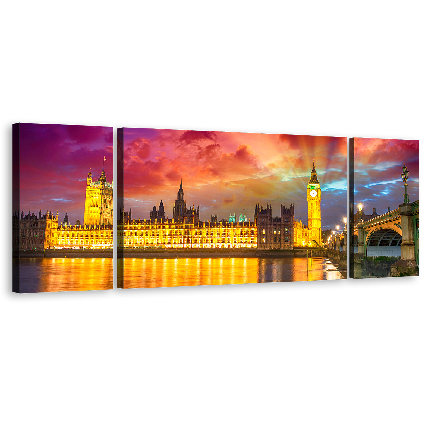 Dramatic Sunset Canvas Print, Beautiful Yellow London Bridge Canvas Wall Art, Purple Sunset Westminster City 3 Piece Multi Canvas Artwork