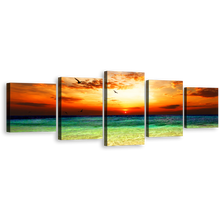 Load image into Gallery viewer, Dramatic Sunset Canvas Wall Art, Cloudy Orange Ocean Sky 5 Piece Canvas, Green Seascape Canvas Print
