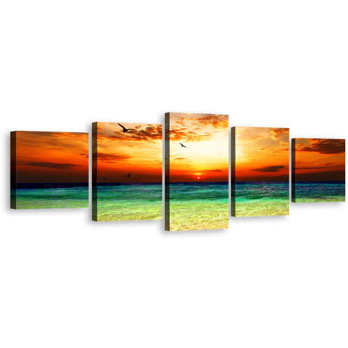 Dramatic Sunset Canvas Wall Art, Cloudy Orange Ocean Sky 5 Piece Canvas, Green Seascape Canvas Print