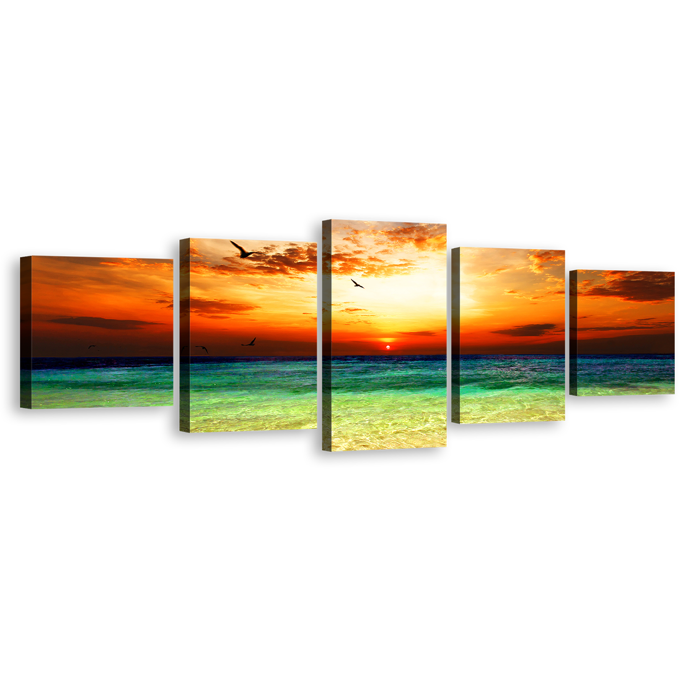 Dramatic Sunset Canvas Wall Art, Cloudy Orange Ocean Sky 5 Piece Canvas, Green Seascape Canvas Print