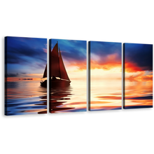 Load image into Gallery viewer, Dramatic Sunset Canvas Wall Art, Sailboat Orange Seascape Multi Canvas, Blue Sky Ocean Boat Sea 4 Piece Canvas Print
