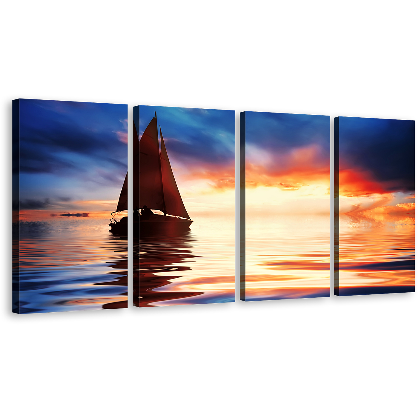 Dramatic Sunset Canvas Wall Art, Sailboat Orange Seascape Multi Canvas, Blue Sky Ocean Boat Sea 4 Piece Canvas Print