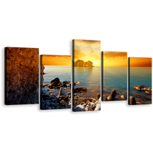 Load image into Gallery viewer, Dramatic Sunset Cnvas Print, Blue Sea Ocean Rocks Boulders Multi Canvas, Yellow Sky Stony Beach 5 Piece Wall Art
