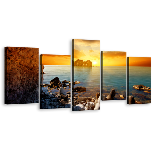 Dramatic Sunset Cnvas Print, Blue Sea Ocean Rocks Boulders Multi Canvas, Yellow Sky Stony Beach 5 Piece Wall Art