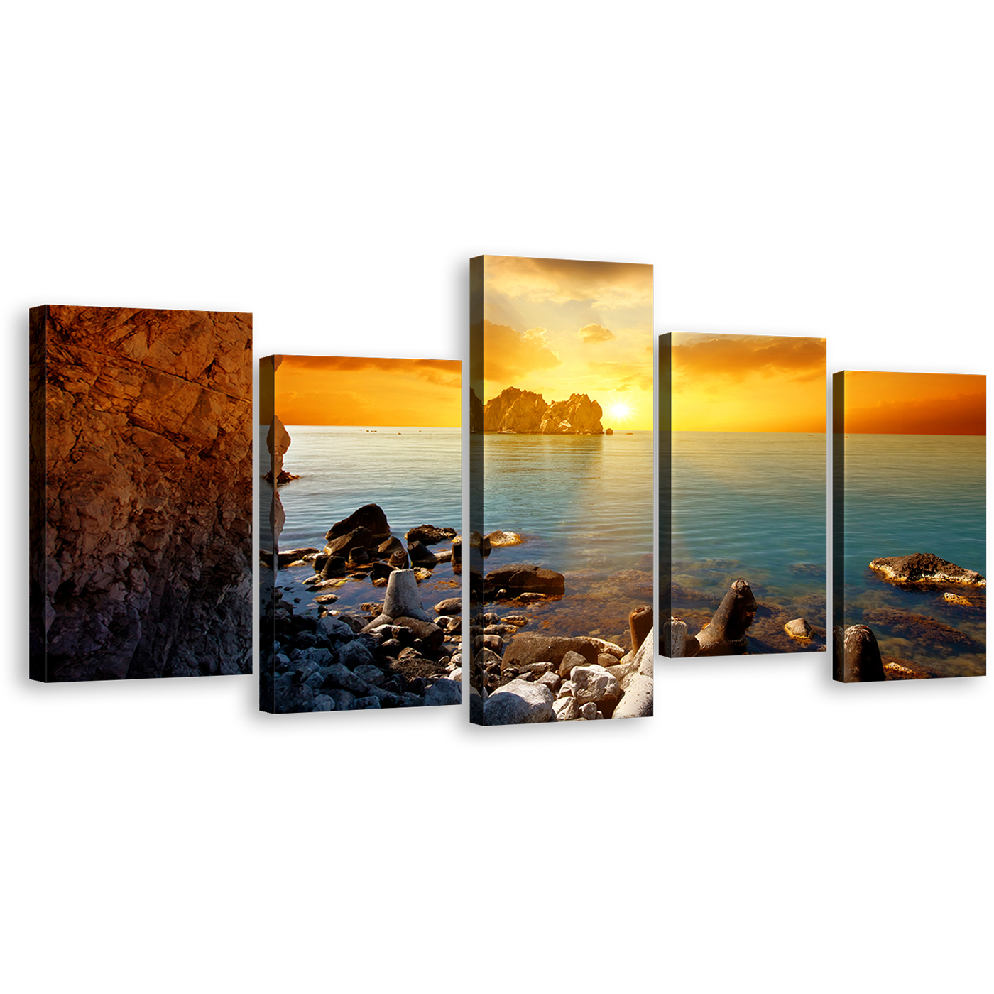 Dramatic Sunset Cnvas Print, Blue Sea Ocean Rocks Boulders Multi Canvas, Yellow Sky Stony Beach 5 Piece Wall Art