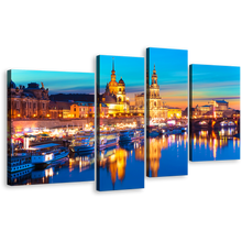 Load image into Gallery viewer, Dresden Harbor Canvas Print, Germany Blue Sky Elbe River Town Multiple Canvas, Gold Dawn Embankment Saxony Skyline 4 Piece Wall Art
