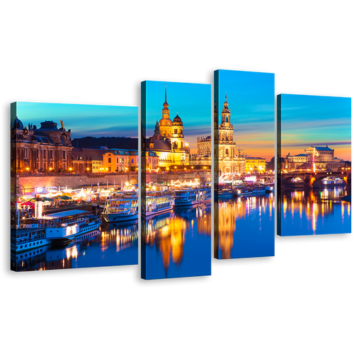 Dresden Harbor Canvas Print, Germany Blue Sky Elbe River Town Multiple Canvas, Gold Dawn Embankment Saxony Skyline 4 Piece Wall Art