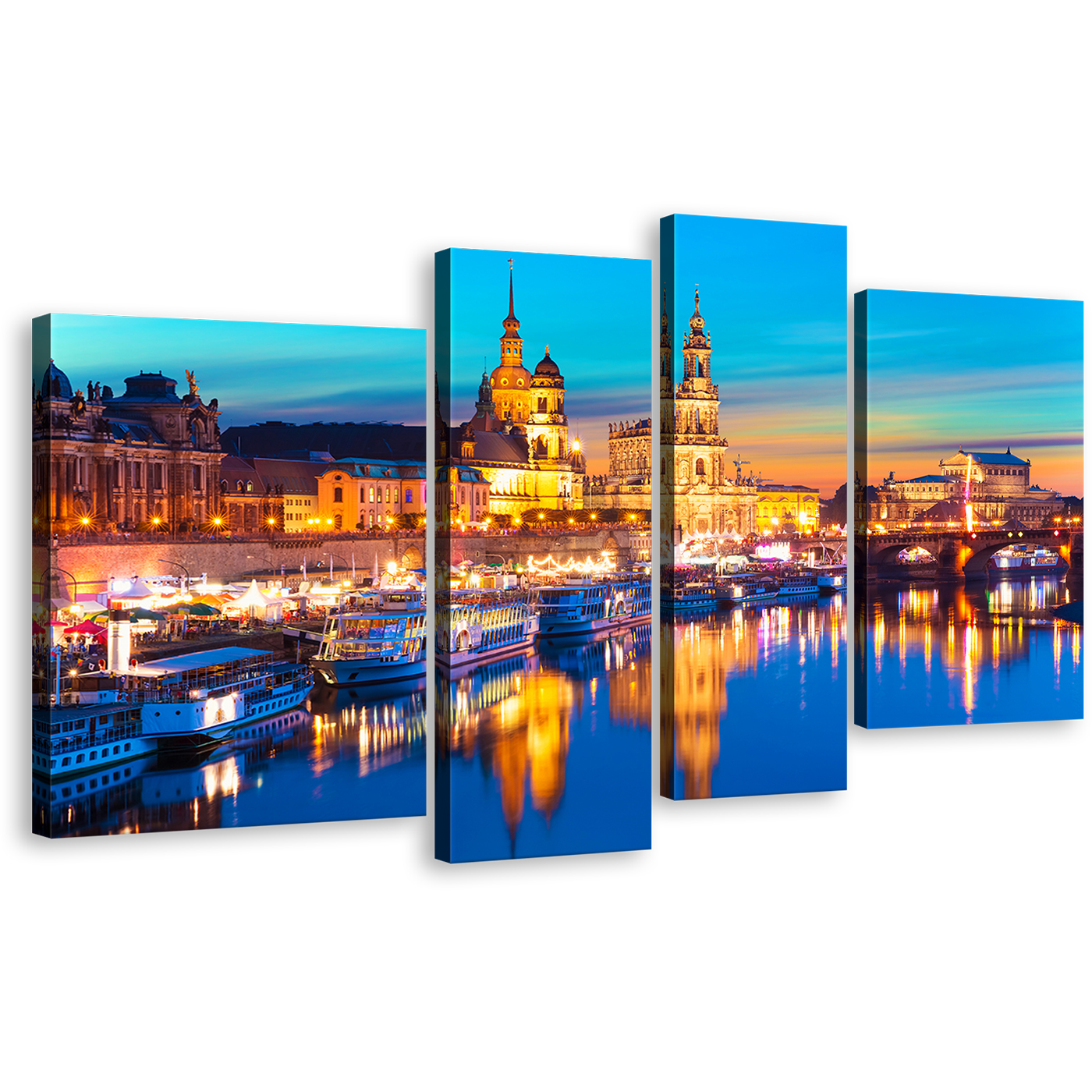 Dresden Harbor Canvas Print, Germany Blue Sky Elbe River Town Multiple Canvas, Gold Dawn Embankment Saxony Skyline 4 Piece Wall Art