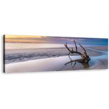 Load image into Gallery viewer, Driftwood Beach Canvas Wall Art, Ocean Beach in Jekyll Island Panoramic Canvas Print, Yellow Sky Ocean Wide Canvas, Georgia White Ocean Beach Canvas Artwork
