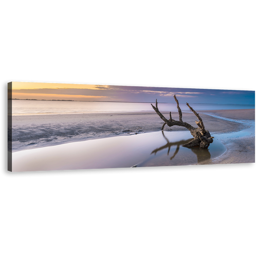 Driftwood Beach Canvas Wall Art, Ocean Beach in Jekyll Island Panoramic Canvas Print, Yellow Sky Ocean Wide Canvas, Georgia White Ocean Beach Canvas Artwork