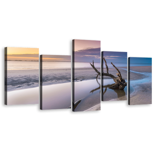 Driftwood Ocean Canvas Wall Art, Georgia White Ocean 5 Piece Canvas, Yellow Sky Ocean Canvas Set, Ocean Beach in Jekyll Island Canvas Print