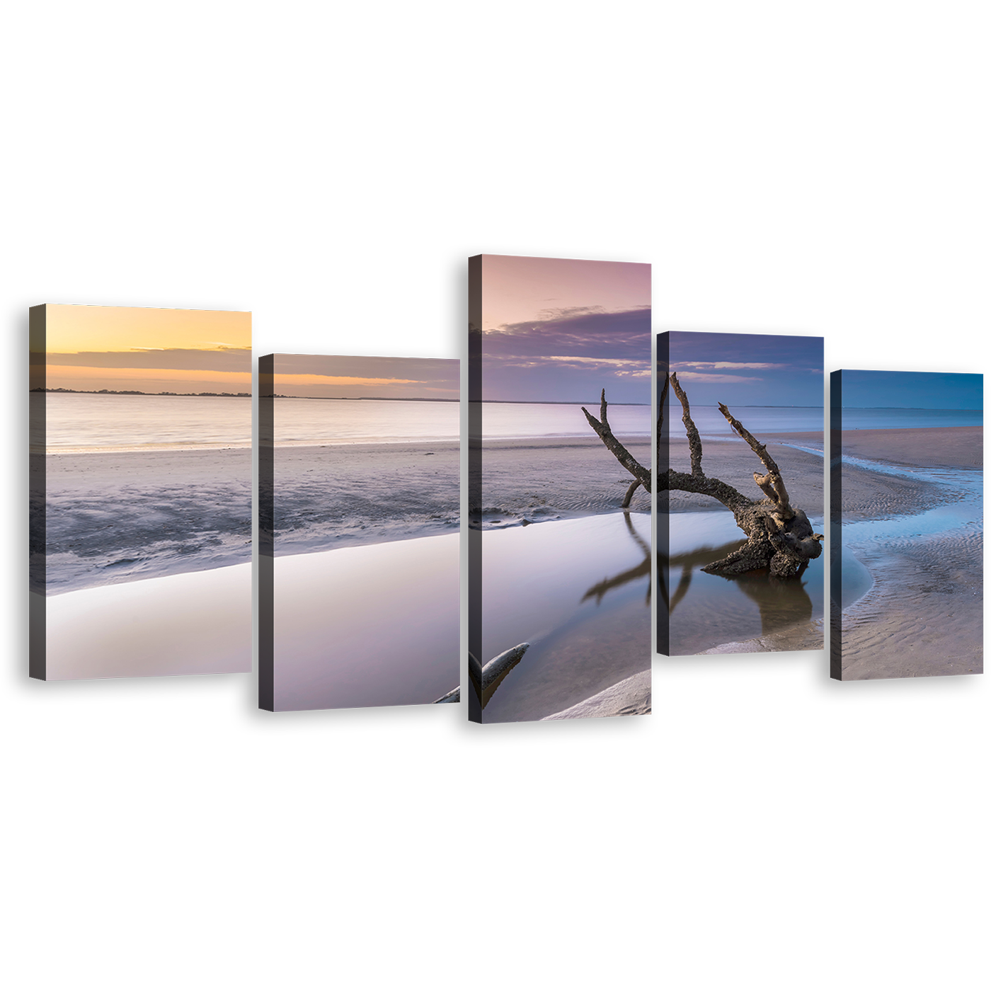 Driftwood Ocean Canvas Wall Art, Georgia White Ocean 5 Piece Canvas, Yellow Sky Ocean Canvas Set, Ocean Beach in Jekyll Island Canvas Print