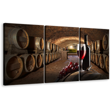 Load image into Gallery viewer, Drink Bottles Canvas Wall Art, Old Wine Cellar Brown Barrels Triptych Canvas Print, Red Wine Grapes Glass 3 Piece Multi Canvas Artwork
