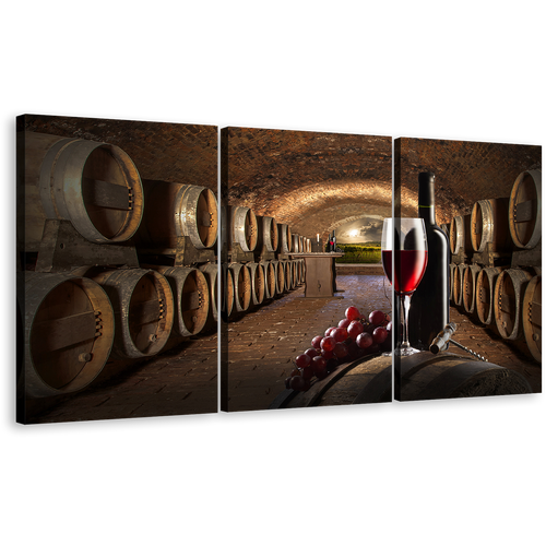 Drink Bottles Canvas Wall Art, Old Wine Cellar Brown Barrels Triptych Canvas Print, Red Wine Grapes Glass 3 Piece Multi Canvas Artwork