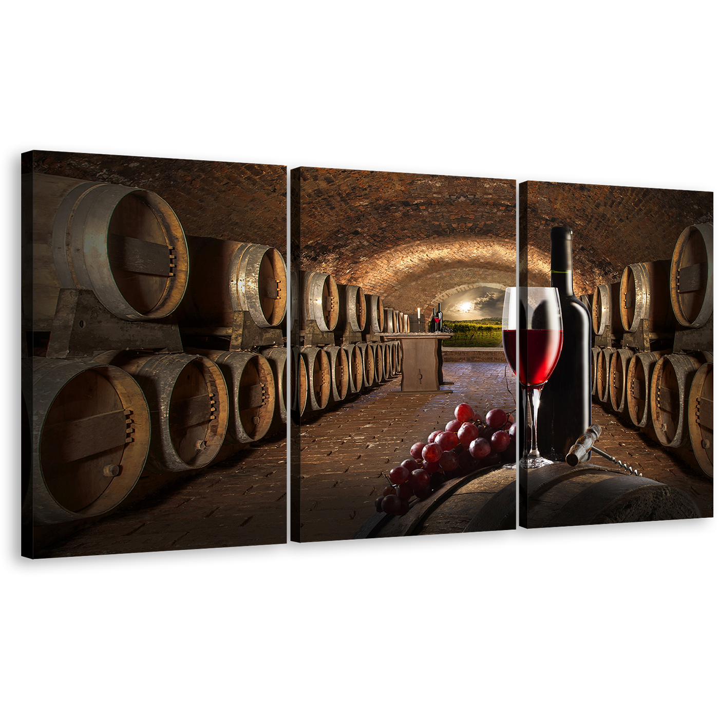 Drink Bottles Canvas Wall Art, Old Wine Cellar Brown Barrels Triptych Canvas Print, Red Wine Grapes Glass 3 Piece Multi Canvas Artwork