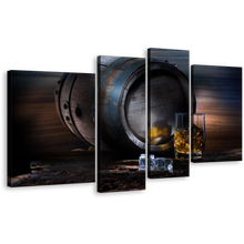 Load image into Gallery viewer, Drink Glass Canvas Wall Art, Yellow Whisky On The Rocks 4 Piece Multi Panel Canvas, Brown Barrel Ice Cubes Canvas Print
