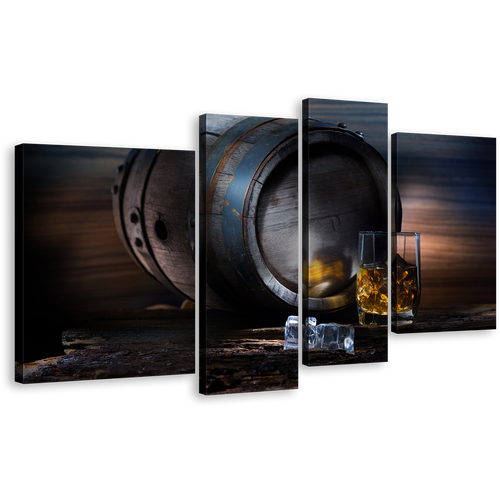 Drink Glass Canvas Wall Art, Yellow Whisky On The Rocks 4 Piece Multi Panel Canvas, Brown Barrel Ice Cubes Canvas Print