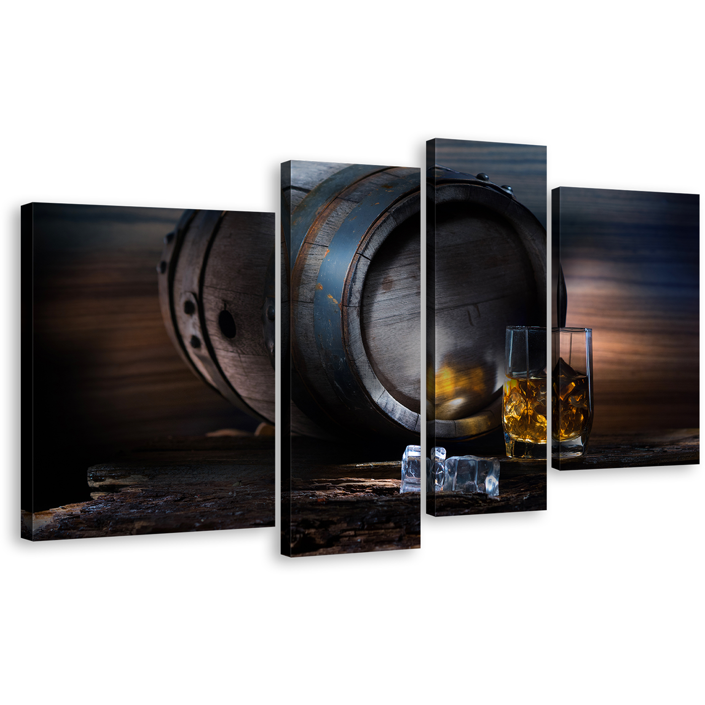 Drink Glass Canvas Wall Art, Yellow Whisky On The Rocks 4 Piece Multi Panel Canvas, Brown Barrel Ice Cubes Canvas Print