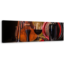 Load image into Gallery viewer, Drink Glasses Canvas Wall Art, Black Wine Bottle 1 Piece Canvas Artwork, Brown Violin with Red Wine Glass Canvas Print
