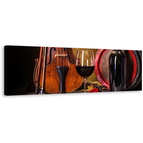 Drink Glasses Canvas Wall Art, Black Wine Bottle 1 Piece Canvas Artwork, Brown Violin with Red Wine Glass Canvas Print