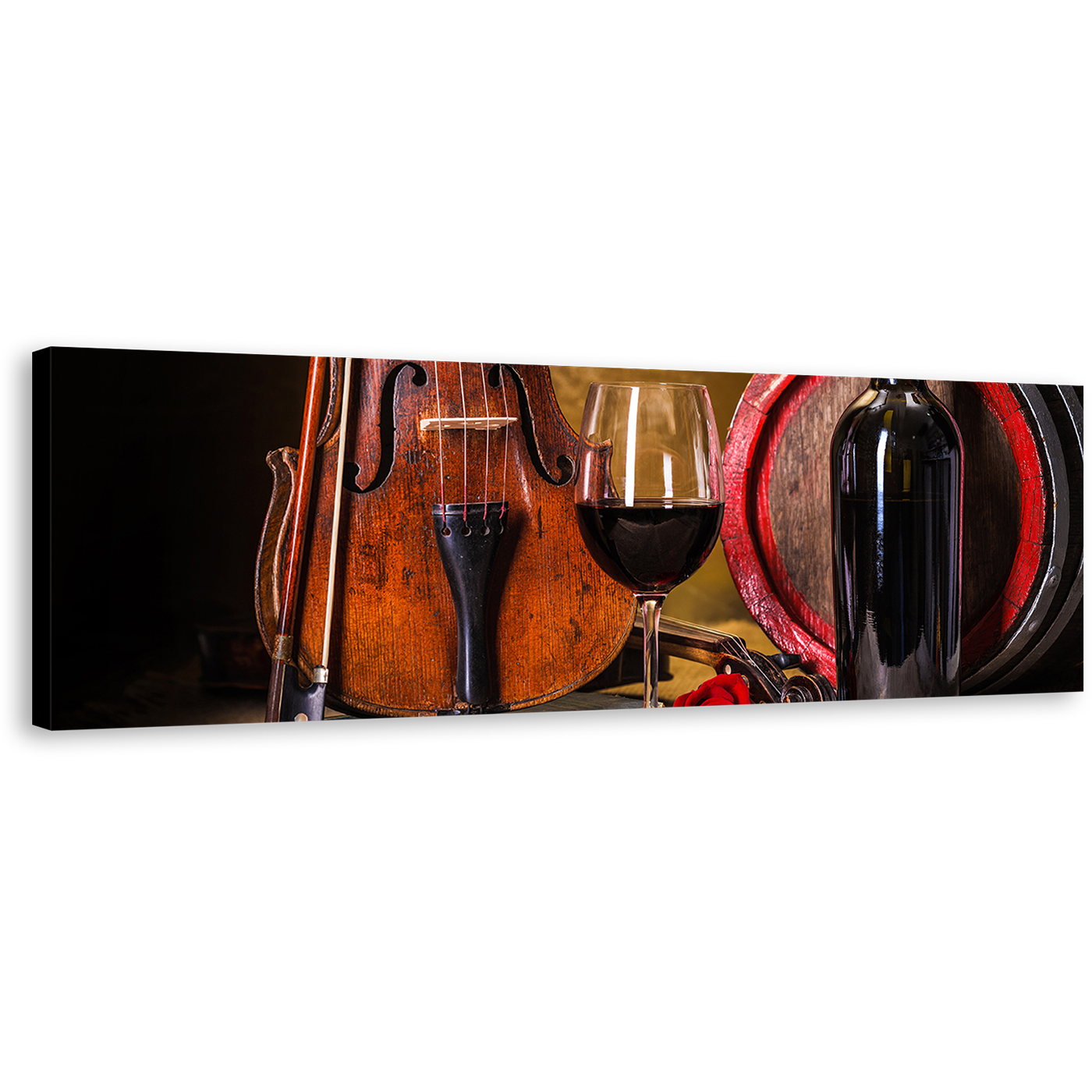 Drink Glasses Canvas Wall Art, Black Wine Bottle 1 Piece Canvas Artwork, Brown Violin with Red Wine Glass Canvas Print