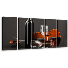 Load image into Gallery viewer, Drink Glasses Canvas Wall Art, Black Wine Bottle 5 Piece Multiple Canvas, Brown Violin Wine Glass Canvas Print
