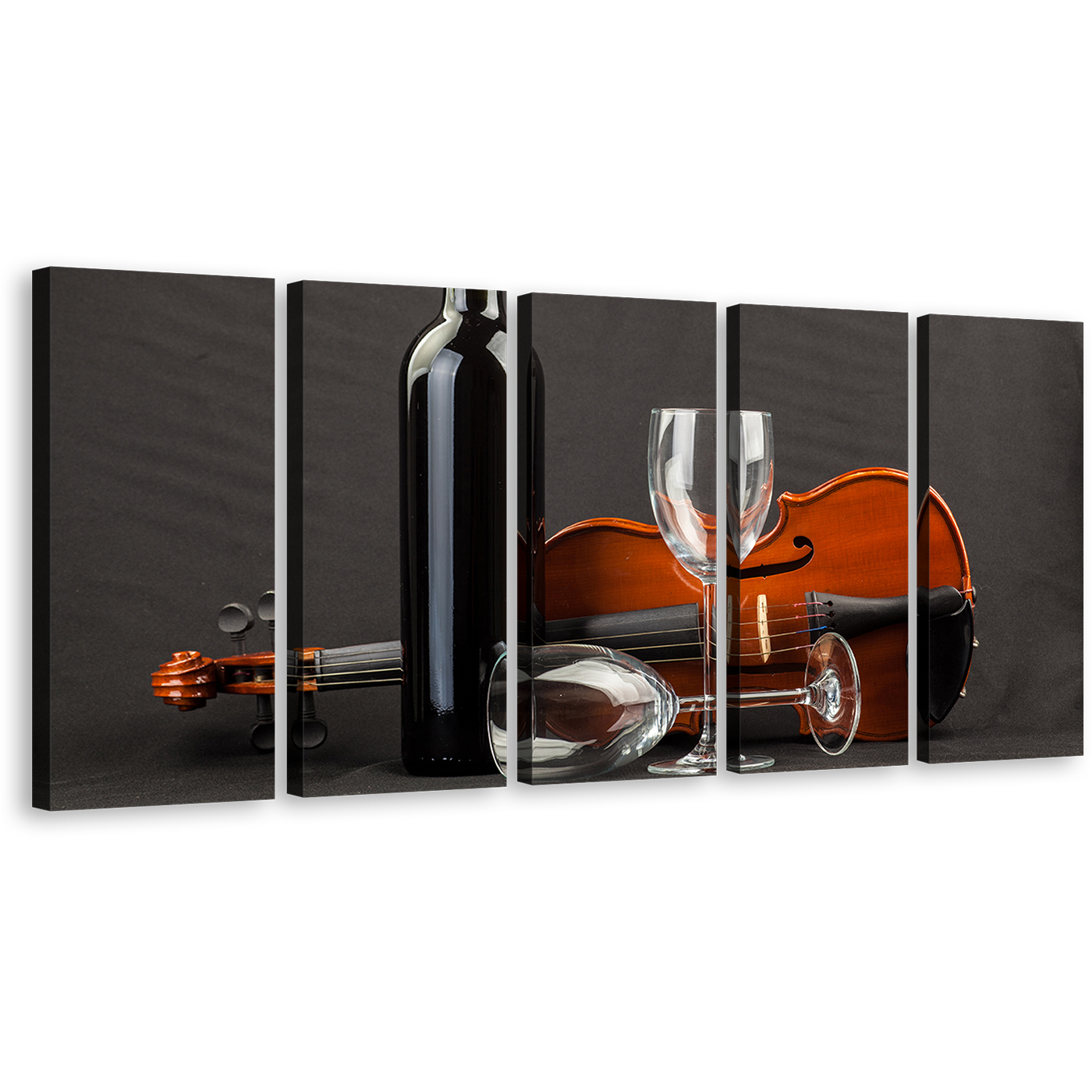 Drink Glasses Canvas Wall Art, Black Wine Bottle 5 Piece Multiple Canvas, Brown Violin Wine Glass Canvas Print