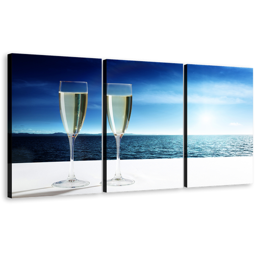 Drink Glasses Canvas Wall Art, Champagne Blue Ocean View Canvas Print, Champagne White Clouds Sky Sea 4 Piece Canvas