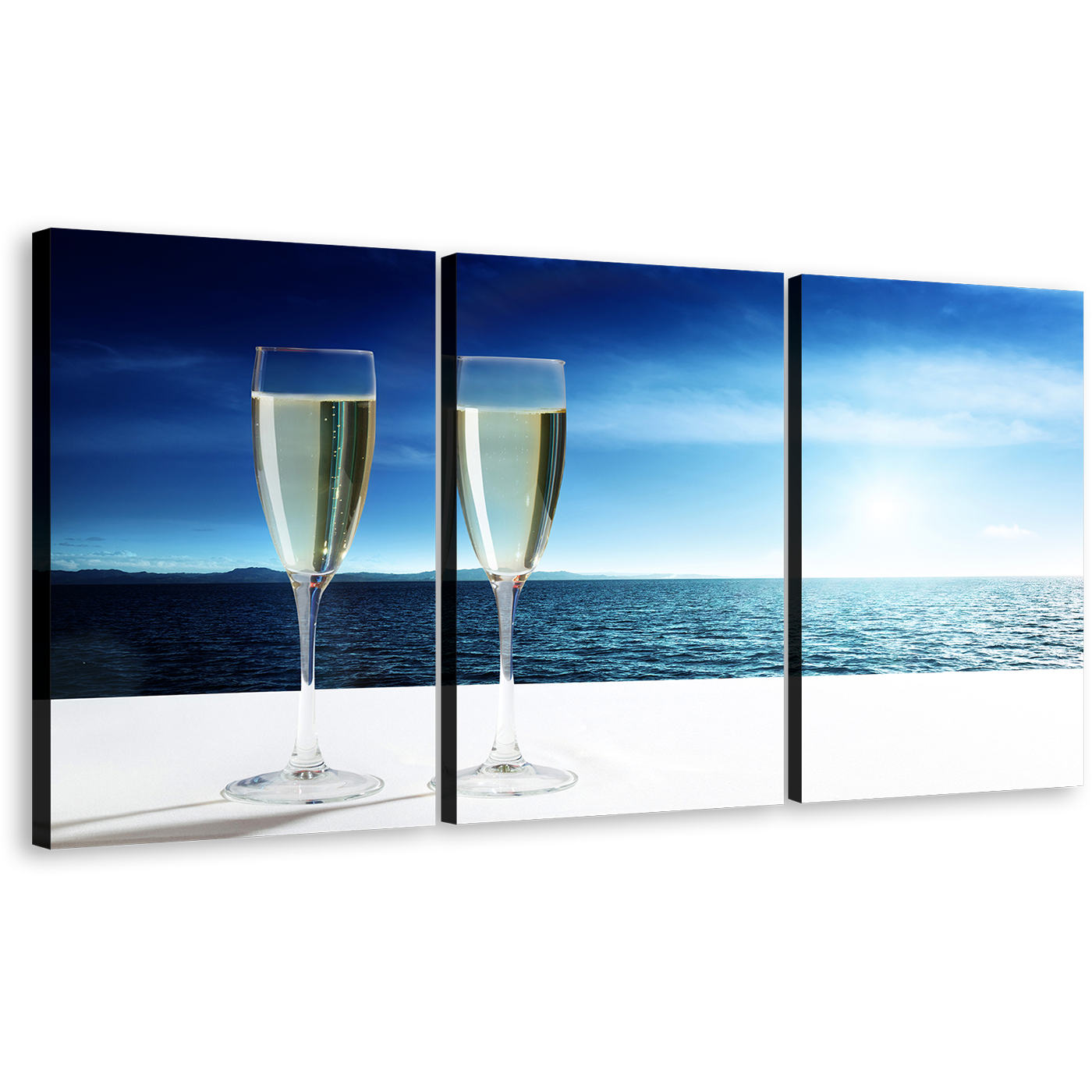 Drink Glasses Canvas Wall Art, Champagne Blue Ocean View Canvas Print, Champagne White Clouds Sky Sea 4 Piece Canvas