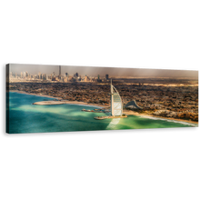 Load image into Gallery viewer, Dubai Beach Canvas Wall Art, Green Umm Suqeim Beach 1 Piece Canvas, Beautiful Brown City Skyline Canvas Print
